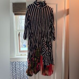 Alembika Black and White Striped Floral Hem Cocoon Knee Length Dress